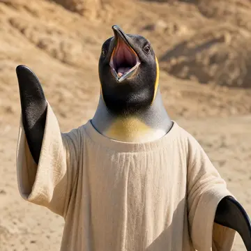 Closed on Sunday AI choir: Penguins, a colony of penguins with flippers up, in tiny robes