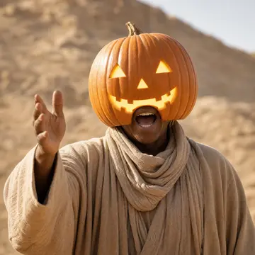 Pumpkin heads: Glowing jack-o'-lantern heads on robed singers