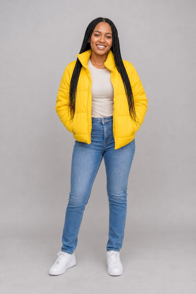 Input in the middle for Closed on Sunday AI example 4: a smiling woman with long box braids in a yellow puffer jacket and jeans (AI-generated sample person)