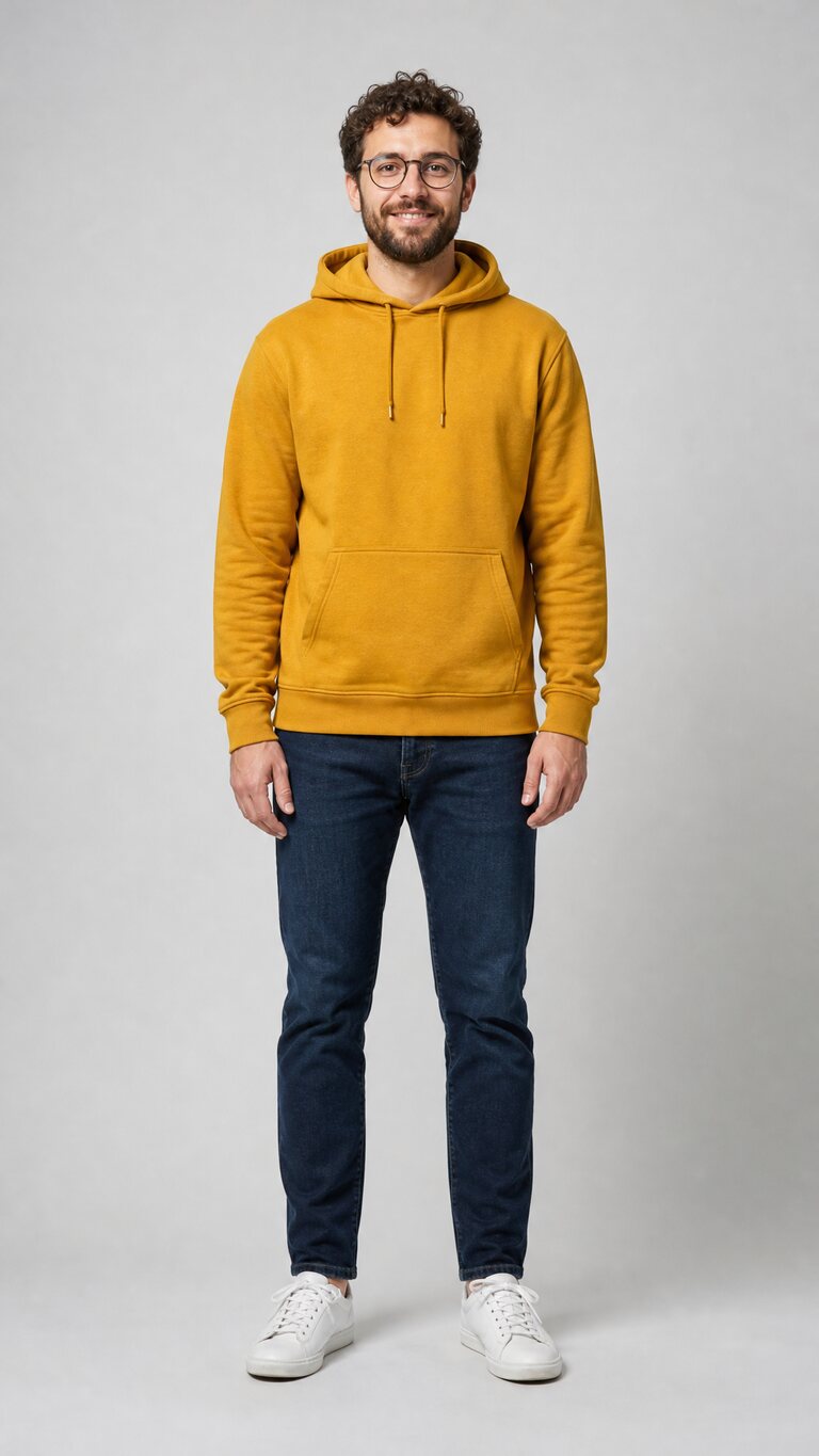Input in the middle for Closed on Sunday AI example 5: a man with curly brown hair, a beard and glasses in a mustard-yellow hoodie and jeans (AI-generated sample person)